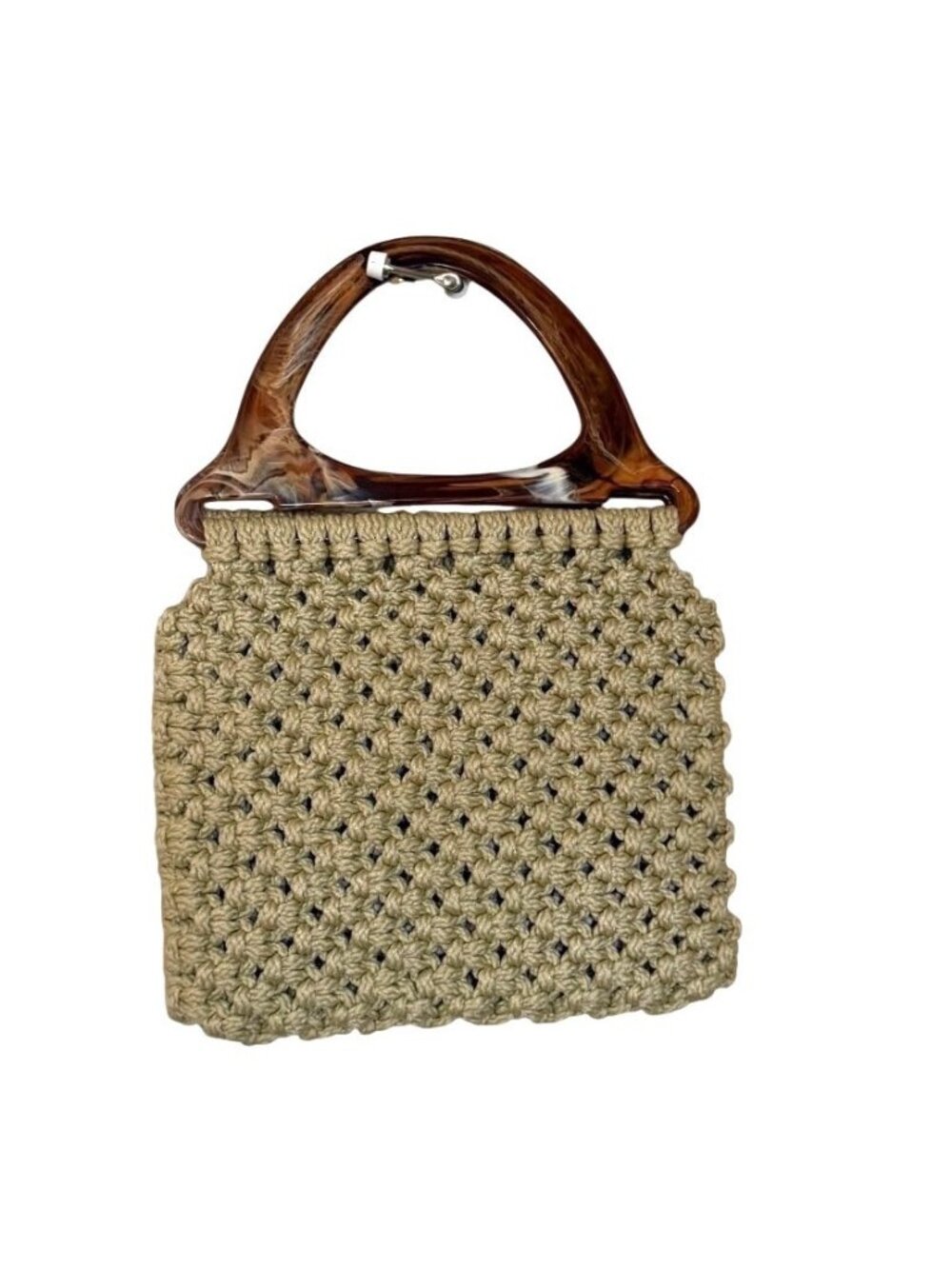 Vintage BOHO Beige Hand-Crocheted Purse With Tortoise Shell Handles Well Made